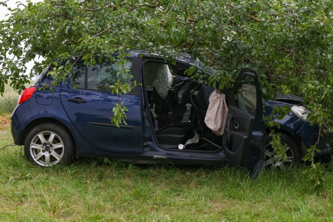 	Auto bei Verkehrsunfall in Dietach mit Fahrerseite gegen Obstbaum geprallt