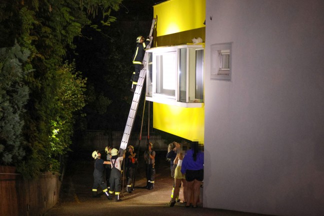 	Nächtliche Rettung einer Katze von einem Dachvorsprung eines Gebäudes in Wels-Pernau