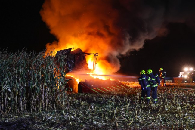 	Mähdrescher stand bei Erntearbeiten auf Feld in Steinhaus in Vollbrand