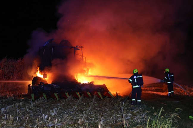 	Mähdrescher stand bei Erntearbeiten auf Feld in Steinhaus in Vollbrand