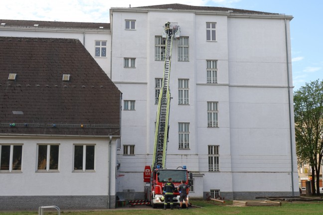 	Feuerwehr-Drehleiter im Einsatz: Tauben in einer Lüftungsanlage einer Volksschule in Wels-Neustadt