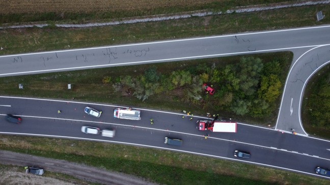 	Sekundenschlaf: Auto landet bei Verkehrsunfall in Wallern an der Trattnach mitten im Gebüsch