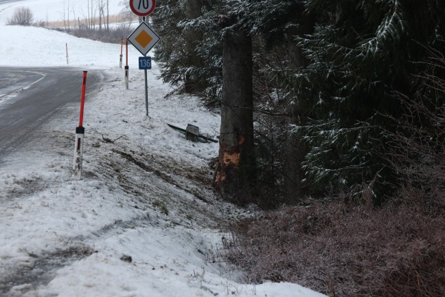 Drei Verletzte: Auto bei schwerem Verkehrsunfall auf Sauwaldstrae in St. Aegidi gegen Baum geprallt