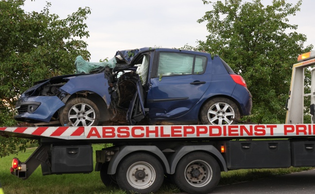 Auto bei Verkehrsunfall in Dietach mit Fahrerseite gegen Obstbaum geprallt
