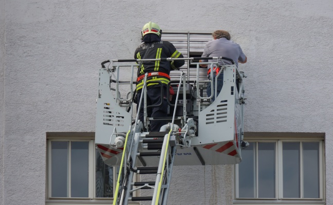 Feuerwehr-Drehleiter im Einsatz: Tauben in einer Lftungsanlage einer Volksschule in Wels-Neustadt